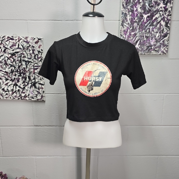 Tops - HURST Black Cropped Graphic Tee with Red & Blue Logo